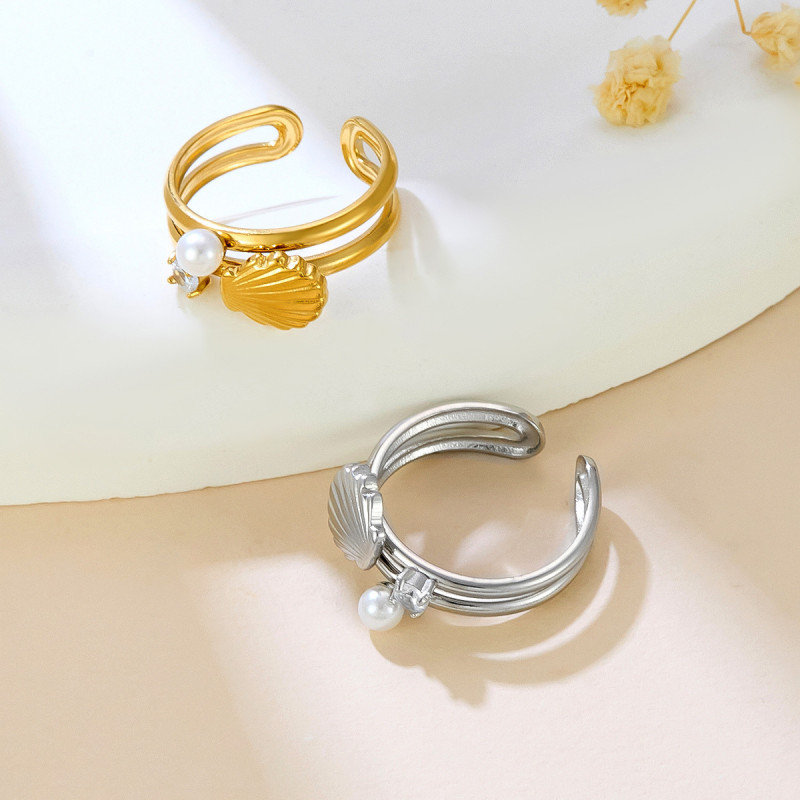 Cross-Border Stainless Steel 18K Gold Scallop Ring Inlaid with Imitation Pearls Seaside High-End Ins Metal Feel Exaggerated Ring