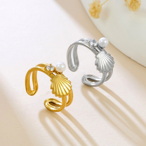 Cross-Border Stainless Steel 18K Gold Scallop Ring Inlaid with Imitation Pearls Seaside High-End Ins Metal Feel Exaggerated Ring