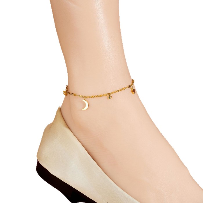Cross-Border Hot Selling Simple Style Gold Star Moon Stainless Steel Pendant with Diamond Anklet Versatile Exquisite Star Moon