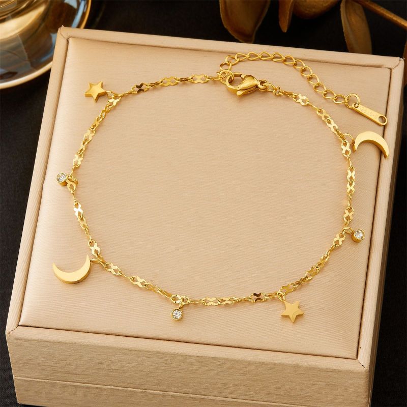 Cross-Border Hot Selling Simple Style Gold Star Moon Stainless Steel Pendant with Diamond Anklet Versatile Exquisite Star Moon