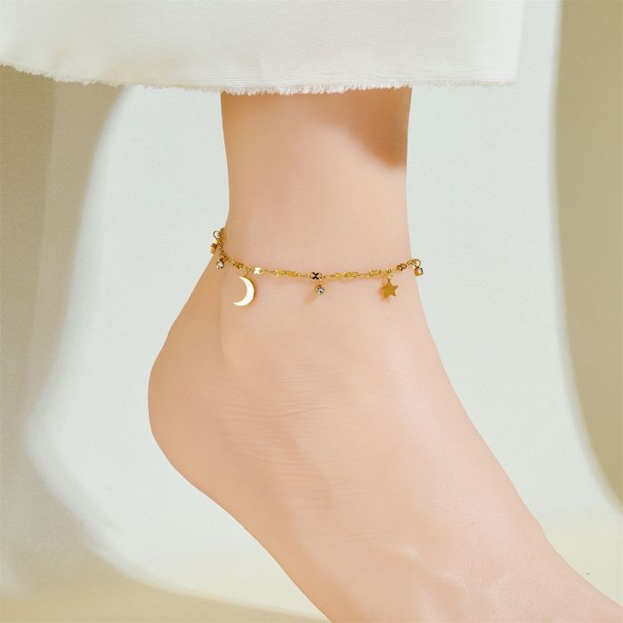 Cross-Border Hot Selling Simple Style Gold Star Moon Stainless Steel Pendant with Diamond Anklet Versatile Exquisite Star Moon