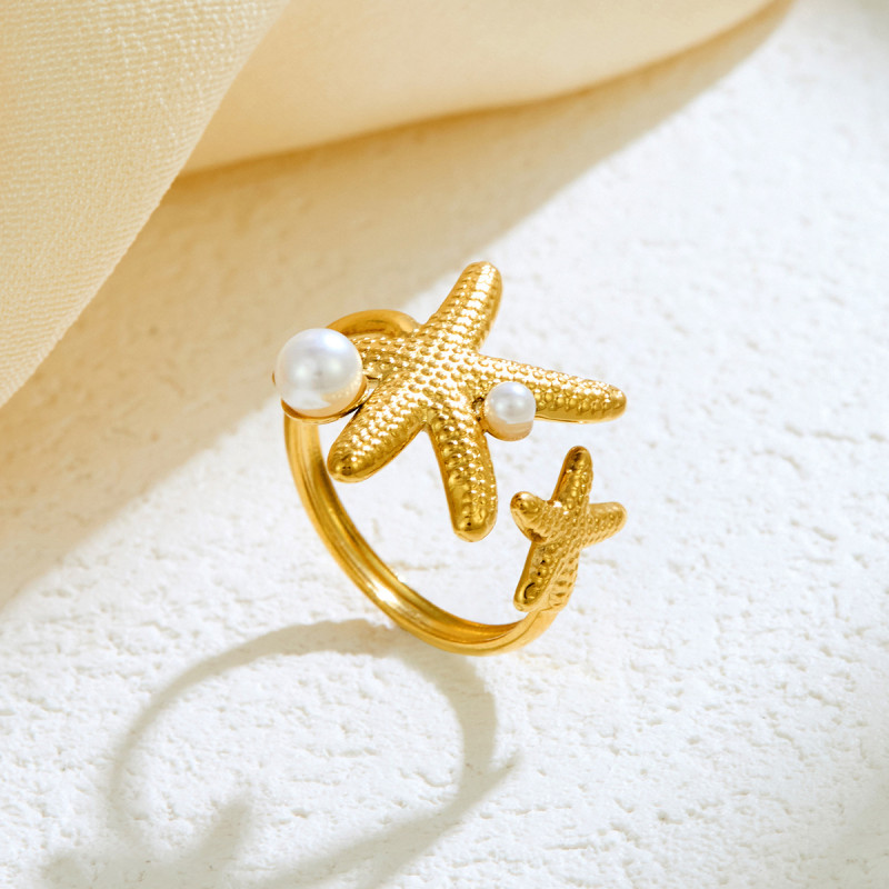 European and American Creative Hydraulic Starfish Stainless Steel Ring for Women with Bead Inlay Design Summer Beach Accessories Wholesale