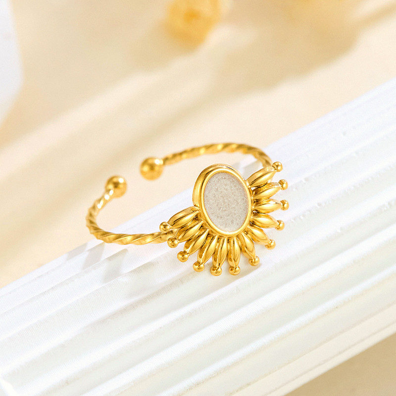 European and American Black and White Enamel Geometric Round Sunflower Stainless Steel Ring Vintage Open Non-Fading Oil Drop Ring Trendy