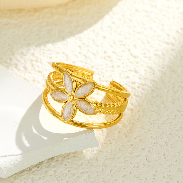 Minimalist Retro Titanium Steel Open Ring for Women, Unique Design with Flower Enamel, Elegant Stainless Steel Ring