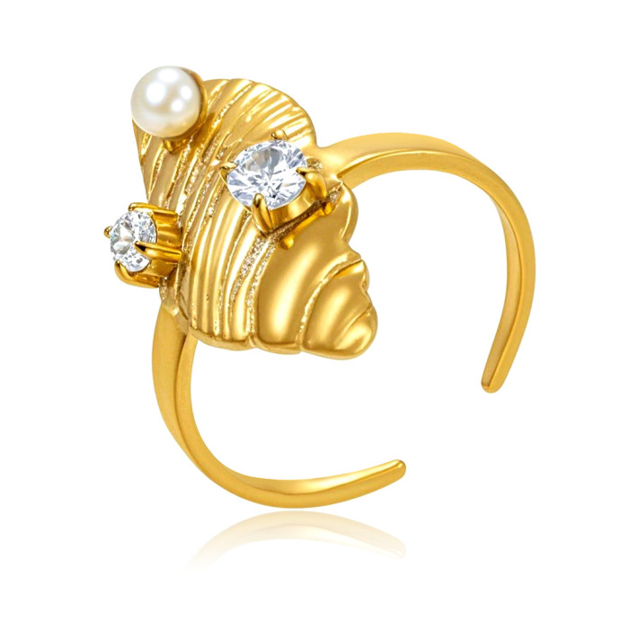 Stainless Steel Open Ring 18K Gold Light Luxury Style High-End Imitation Pearl Inlaid Diamond Conch Ring Wholesale