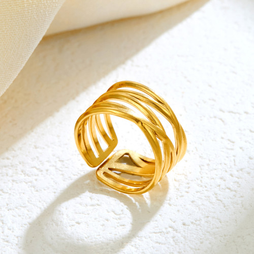 European and American INS Style Simple 18K Gold Plated Line Cross Stainless Steel Open Ring Niche Design Versatile Ring