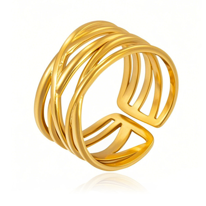 European and American INS Style Simple 18K Gold Plated Line Cross Stainless Steel Open Ring Niche Design Versatile Ring