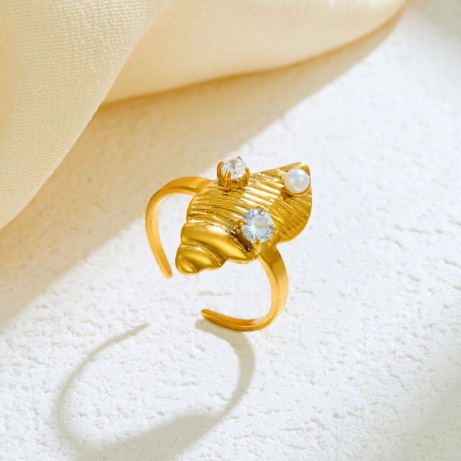 Stainless Steel Open Ring 18K Gold Light Luxury Style High-End Imitation Pearl Inlaid Diamond Conch Ring Wholesale