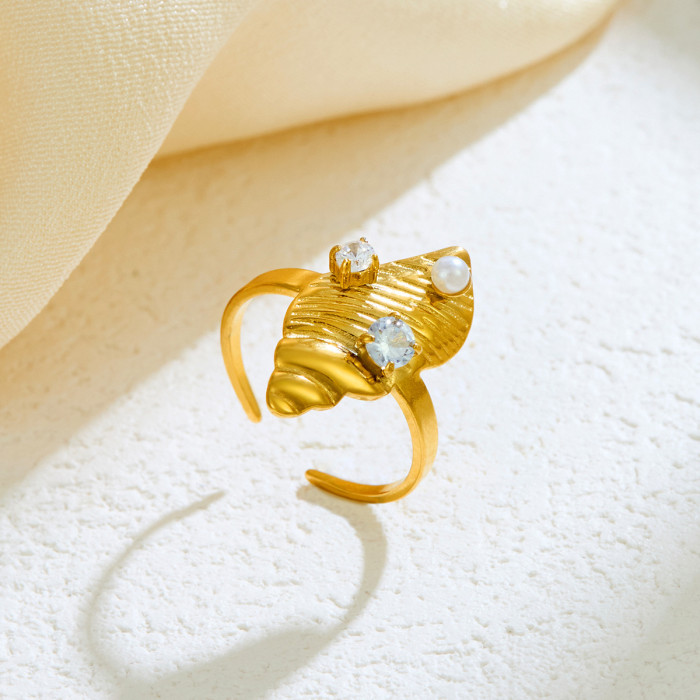 Stainless Steel Open Ring 18K Gold Light Luxury Style High-End Imitation Pearl Inlaid Diamond Conch Ring Wholesale