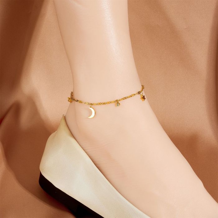Cross-Border Hot Selling Simple Style Gold Star Moon Stainless Steel Pendant with Diamond Anklet Versatile Exquisite Star Moon