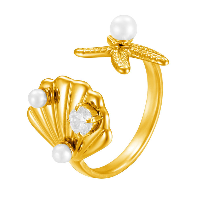 Light Luxury Summer Scallop Inlaid White Beads Stainless Steel Ring for Women 18K Gold Non-Fading Exquisite Small Jew...
