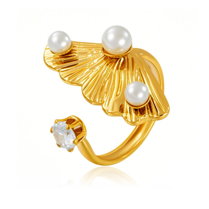 Ginkgo Leaf Beaded Open Ring High-End Luxury Stainless Steel Hydraulic Ring Jewelry Wholesale