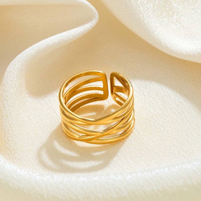 European and American INS Style Simple 18K Gold Plated Line Cross Stainless Steel Open Ring Niche Design Versatile Ring