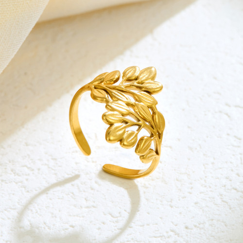 Amazon Hot Sale Wheat Spike Hollow Geometric Open Stainless Steel Ring for Women, Niche Design, Elegant Olive Branch Ring