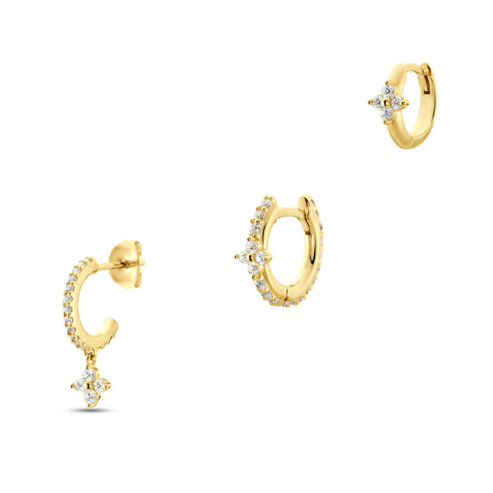 New Style Earrings Personality Petal Stone-Inlaid Ear Hoop Ear Clip Earrings Three-Piece Set Fashion Ins Style Stud...