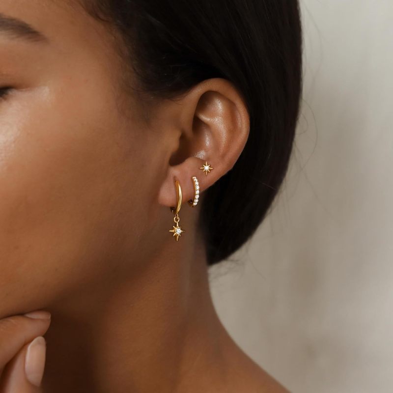 Women's Gold Earrings Fashionable Delicate Eight-Pointed Star Earrings Stackable Pearl Chain Soft Cartilage Stud Earrings