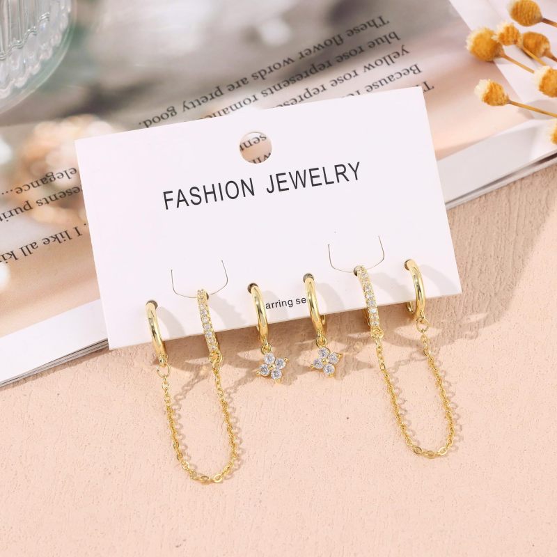European and American AliExpress Cross-Border Hot Selling Zircon Flower Chain Fashion Versatile Women's Earrings Jewelry Set Wholesale
