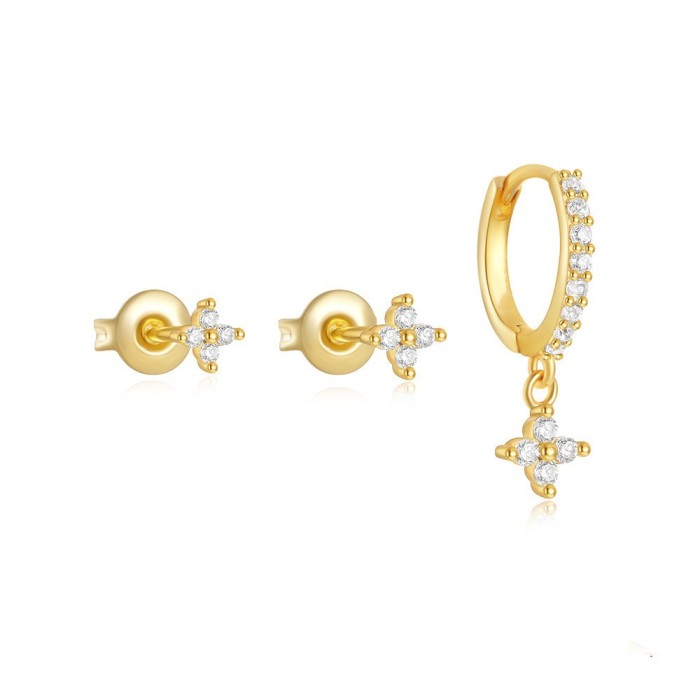 Amazon Hot-Selling Stone-Studded Clover Flower Earrings Three-Piece Set Fashionable Versatile Stud Earrings, Jewelr...
