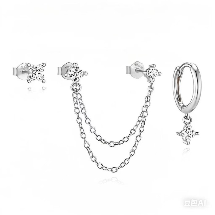 Cross-Border Hot-Selling Four-Leaf Clover Zircon Earrings Fashionable High-End Square Zircon Chain Tassel Earrings Set