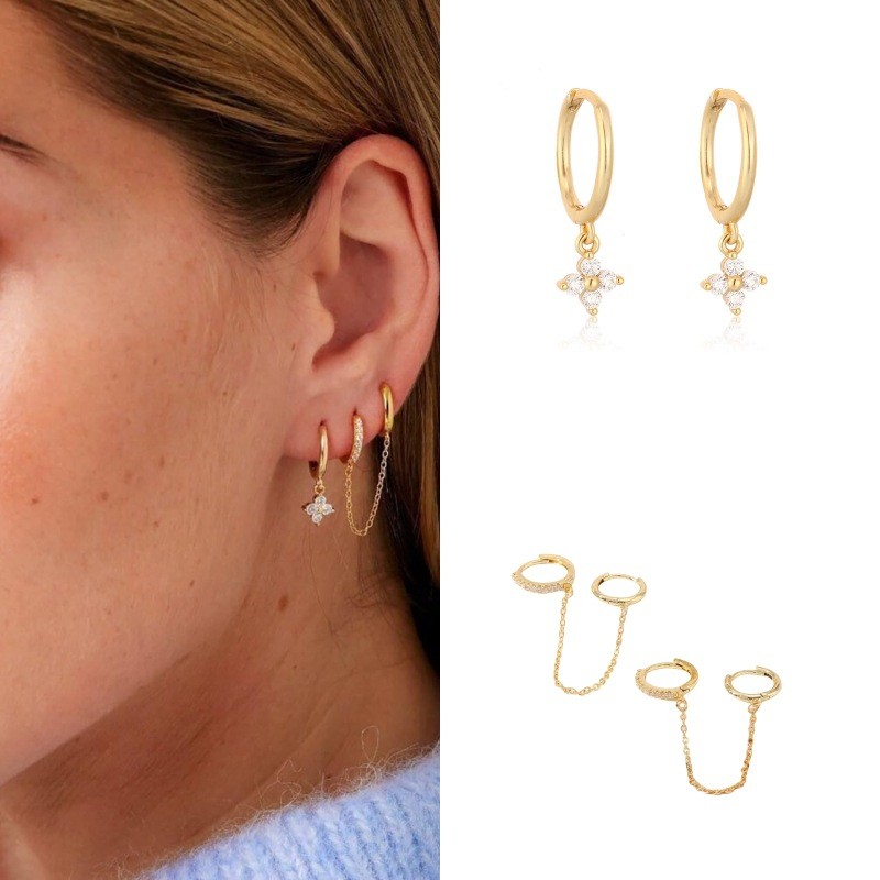 European and American AliExpress Cross-Border Hot Selling Zircon Flower Chain Fashion Versatile Women's Earrings Jewelry Set Wholesale