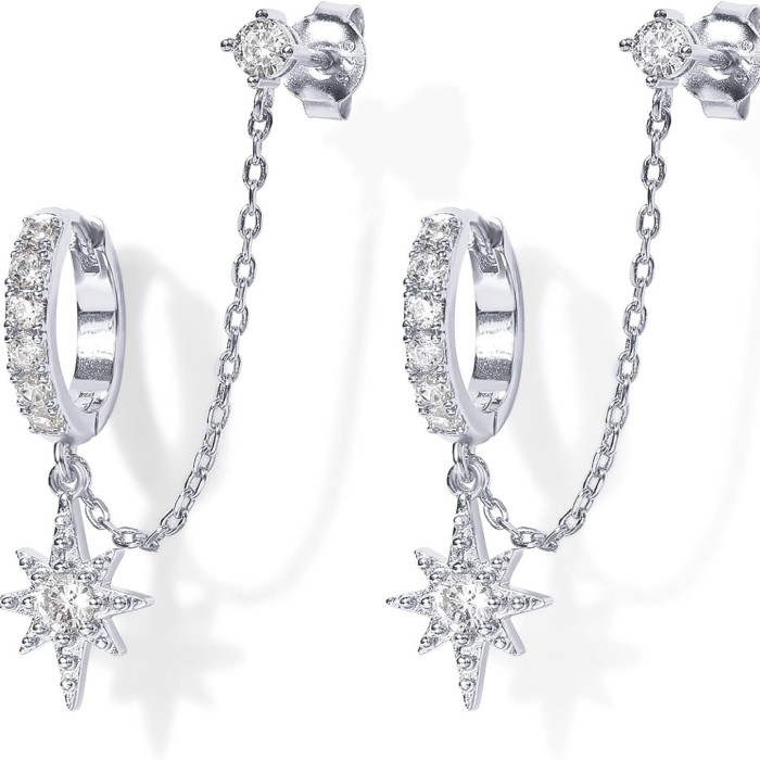 Chain Double Piercing Dangle Chain Huggie Hoop Earrings Cubic Zirconia Ear Cuffs Fashion Simple Women's Earrings
