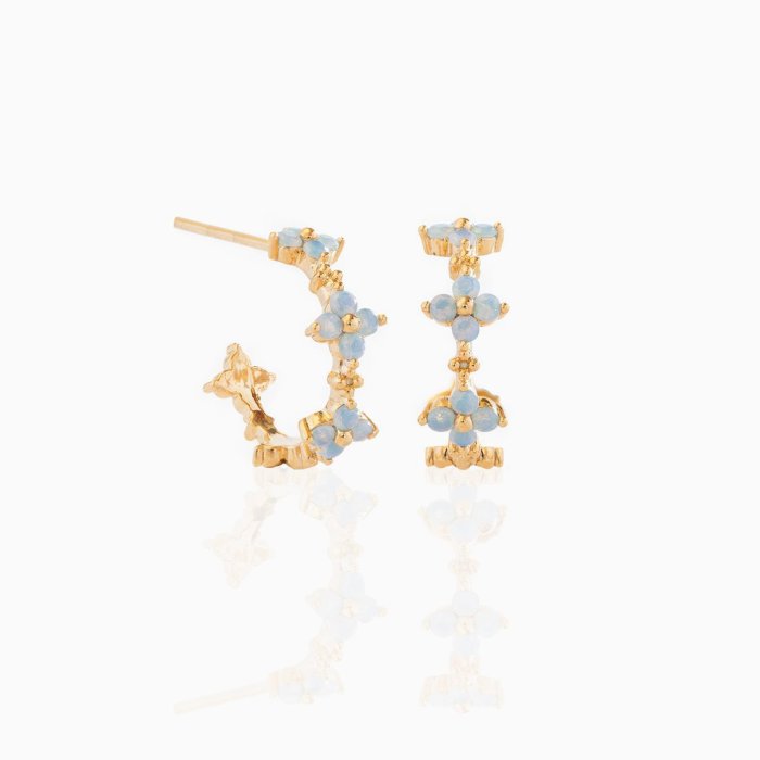 Amazon New Ins Style Blue Opal Stone Earrings Four-Leaf Clover Flower Hoop Earrings Ear Jewelry