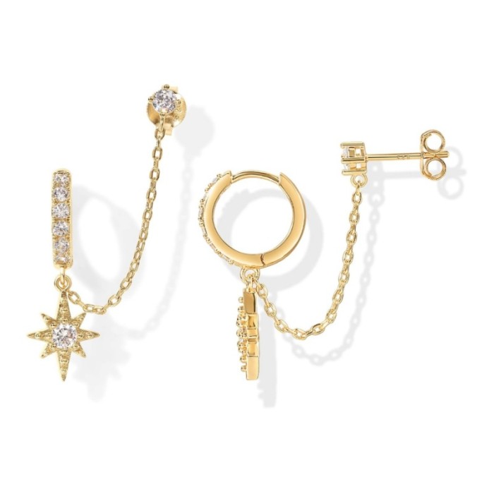 Chain Double Piercing Dangle Chain Huggie Hoop Earrings Cubic Zirconia Ear Cuffs Fashion Simple Women's Earrings