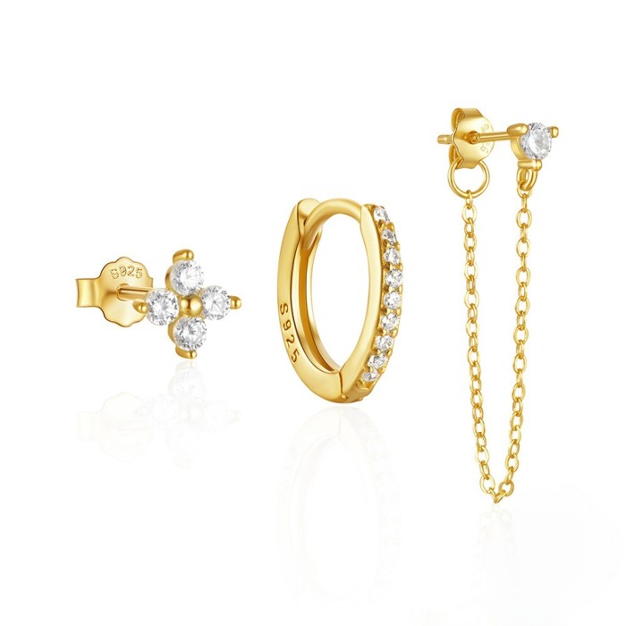 Daily Matching Hoop Earrings with Rhinestones, Chain Tassel Earrings, Jewelry Set, European and American Hot-Selling Accessories, Three-Piece Earring Set