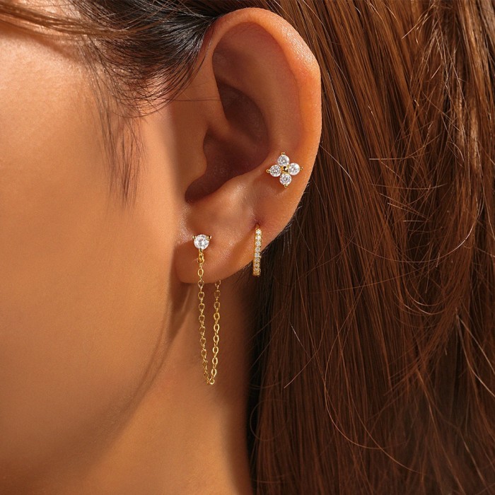 Daily Matching Hoop Earrings with Rhinestones, Chain Tassel Earrings, Jewelry Set, European and American Hot-Selling Accessories, Three-Piece Earring Set