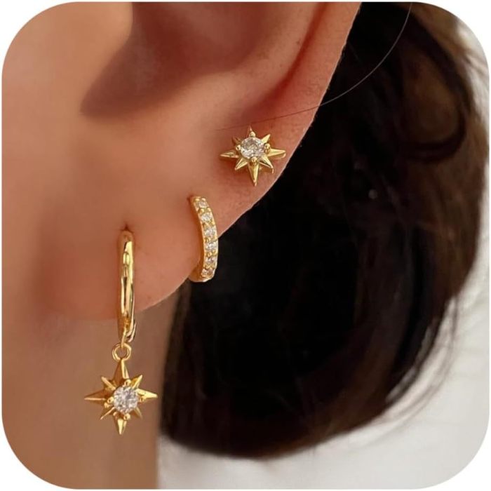 Women's Gold Earrings Fashionable Delicate Eight-Pointed Star Earrings Stackable Pearl Chain Soft Cartilage Stud Earrings