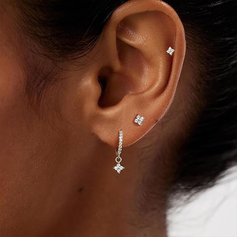 European and American Cross-Border Amazon Hot-Selling Diamond-Studded Clover Flower Earrings Three-Piece Set Fashionable Versatile Stud Earrings