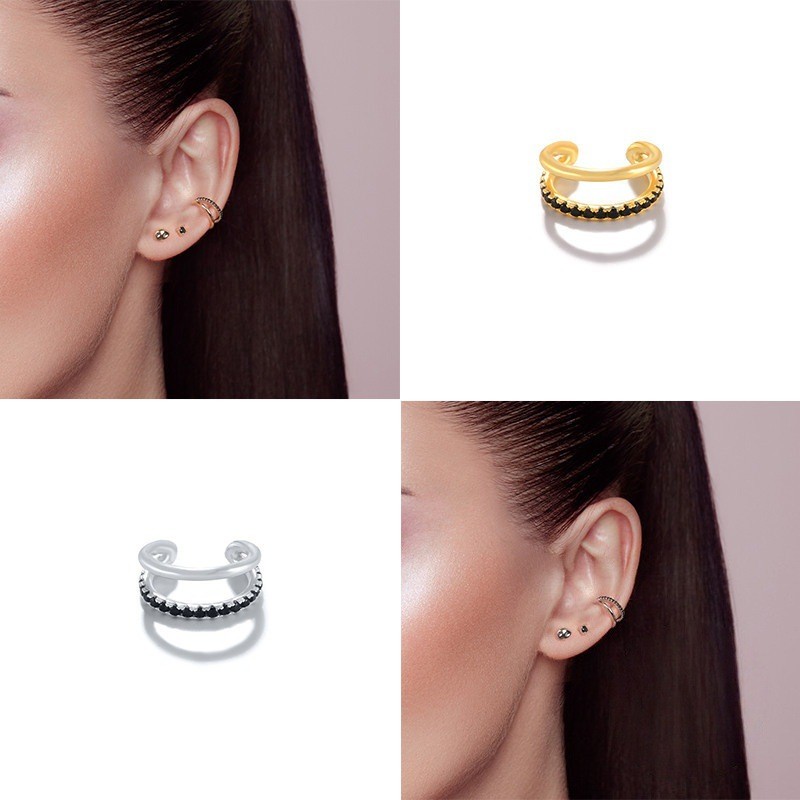 European and American Classic Double Layer Line Diamond-Studded Ear Clips Ear Hoops European and American Personality INS Black Diamond Earrings