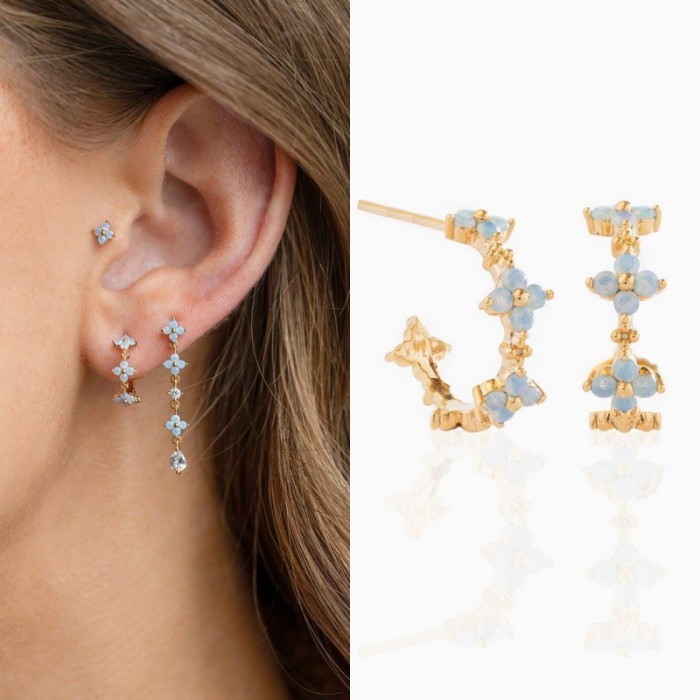 Amazon New Ins Style Blue Opal Stone Earrings Four-Leaf Clover Flower Hoop Earrings Ear Jewelry