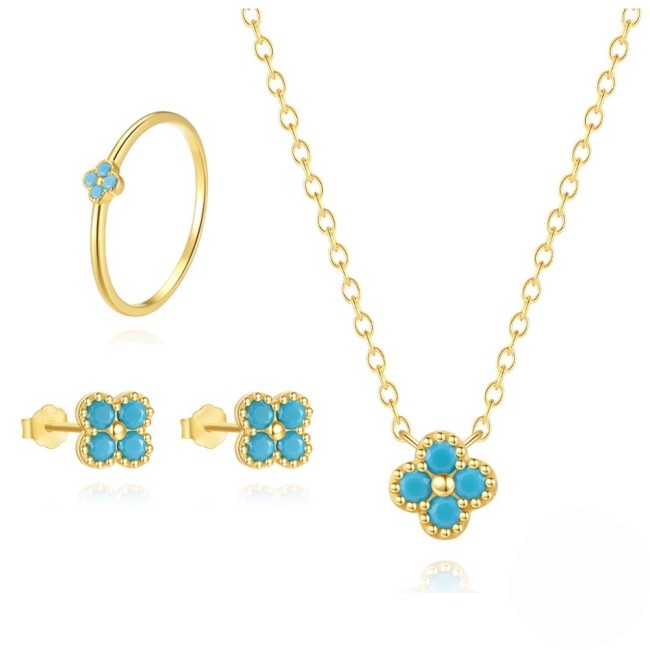 Style Petal Inlaid Turquoise Necklace Earrings Ring Set Simple Niche High-end Accessories Set, Jewelry Sets