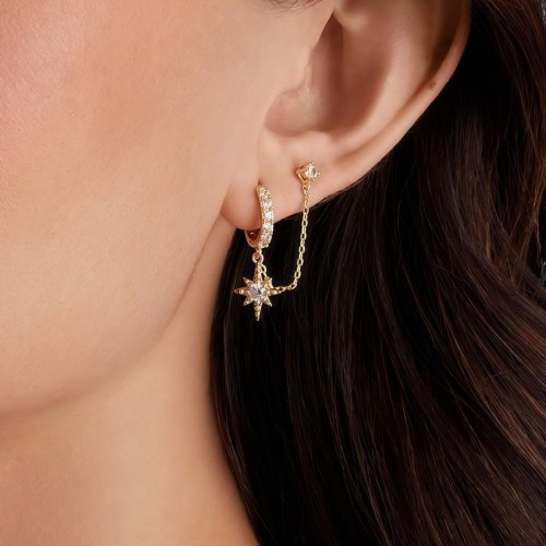 European and American Chain Double Piercing Dangle Chain Huggie Hoop Earrings Cubic Zirconia Ear Cuffs Fashion Simple Women's Earrings