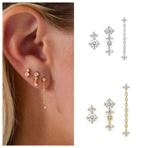 European and American Cross-Border Hot-Selling Gold-Plated Earrings and Pendant Earrings Set for Women|3-piece set with cubic zirconia