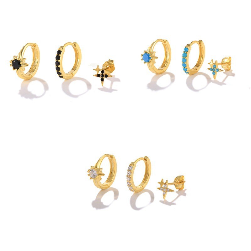 European and American Overseas Hot-Selling Four-Pointed Star Quadrilateral Diamond Sunflower Inlaid Diamond Earrings Fashion Simple Hoop Earrings Jewelry Set