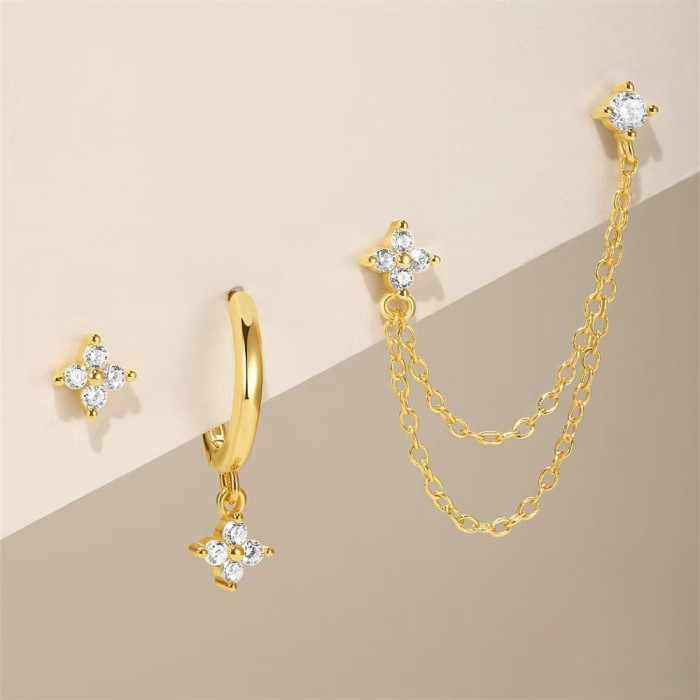 Cross-Border Hot-Selling Four-Leaf Clover Zircon Earrings Fashionable High-End Square Zircon Chain Tassel Earrings Set