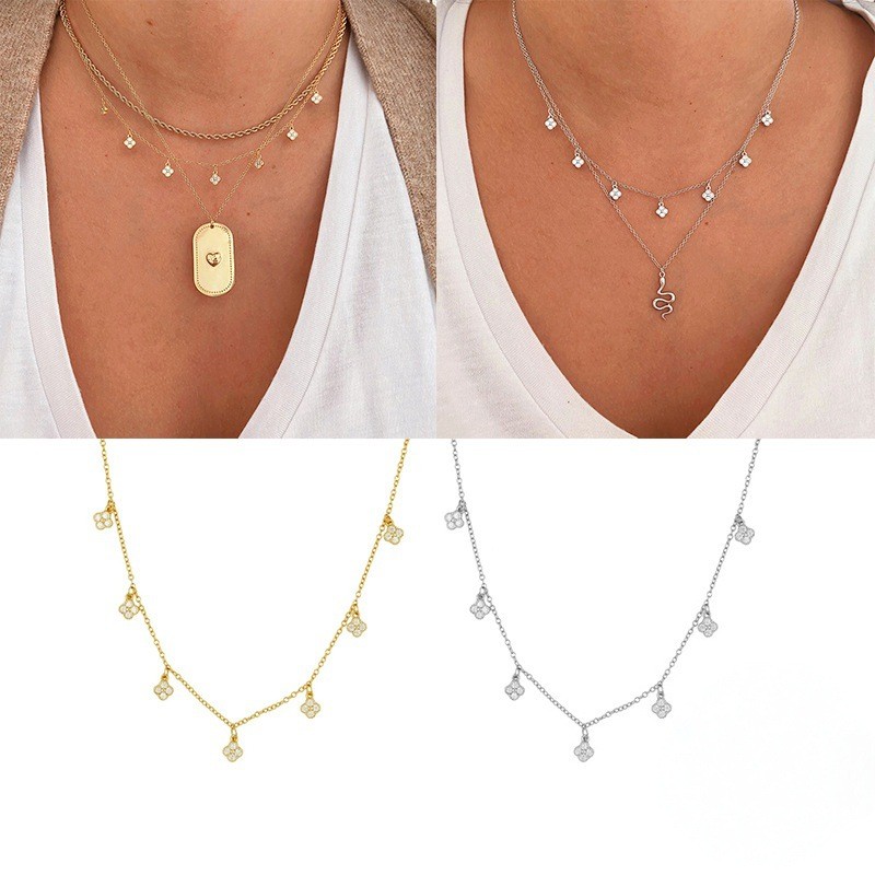 European and American Boutique Four-Leaf Clover Inlaid Diamond Small Accessories Layered Collarbone Chain European and American Cross-Border Hot-Selling INS Necklace for Women