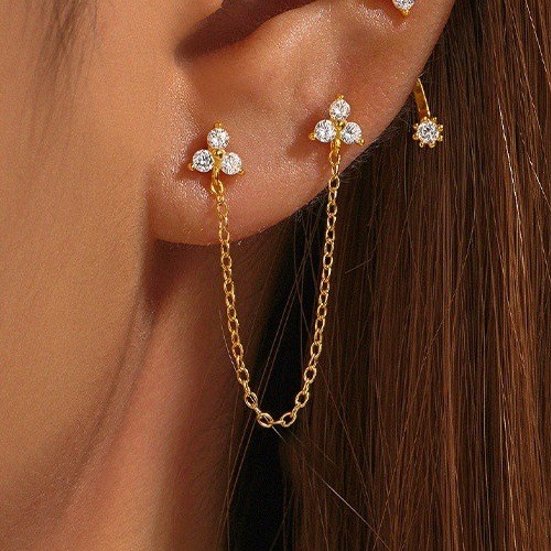 Cross-Border Hot Selling Diamond-Studded Zircon Flower Double Earrings Chain Tassel Earrings Ear Chain Cross-Border Piercing Jewelry Wholesale