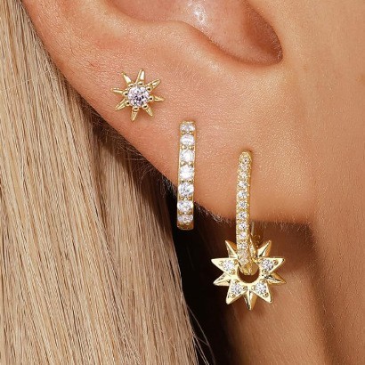 European and American Cross-Border Hot-Selling Fashion Versatile Eight-Pointed Star Eight-Pointed Star Zircon Inlaid Elegant and Dignified Women's Earrings Three-Piece Set