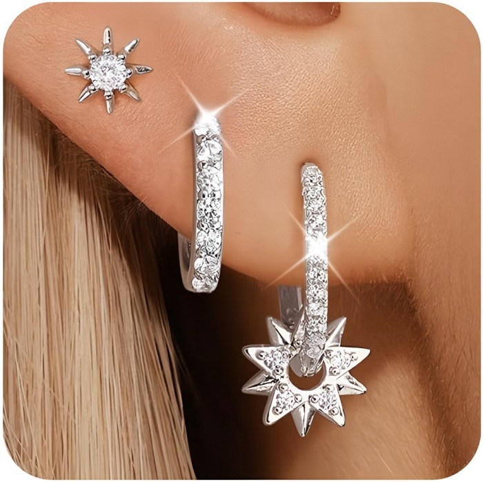 European and American Cross-Border Hot-Selling Fashion Versatile Eight-Pointed Star Eight-Pointed Star Zircon Inlaid Elegant and Dignified Women's Earrings Three-Piece Set