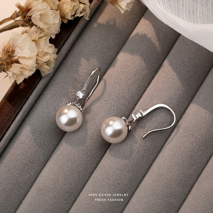 S999 Pure Silver Korean Style Shijia Pearl Zircon Ear Hook Women's Fashion Earrings High-end French Retro Pure Silver Ear Jewelry