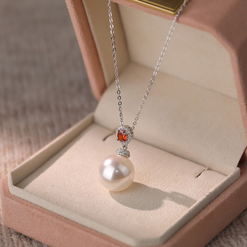 Shijia Zhu S999 Pure Silver Light Pink Pearl Pendant Necklace for Women Micro Inlaid Colorful Zircon French Light Luxury High-end Clavicle Chain