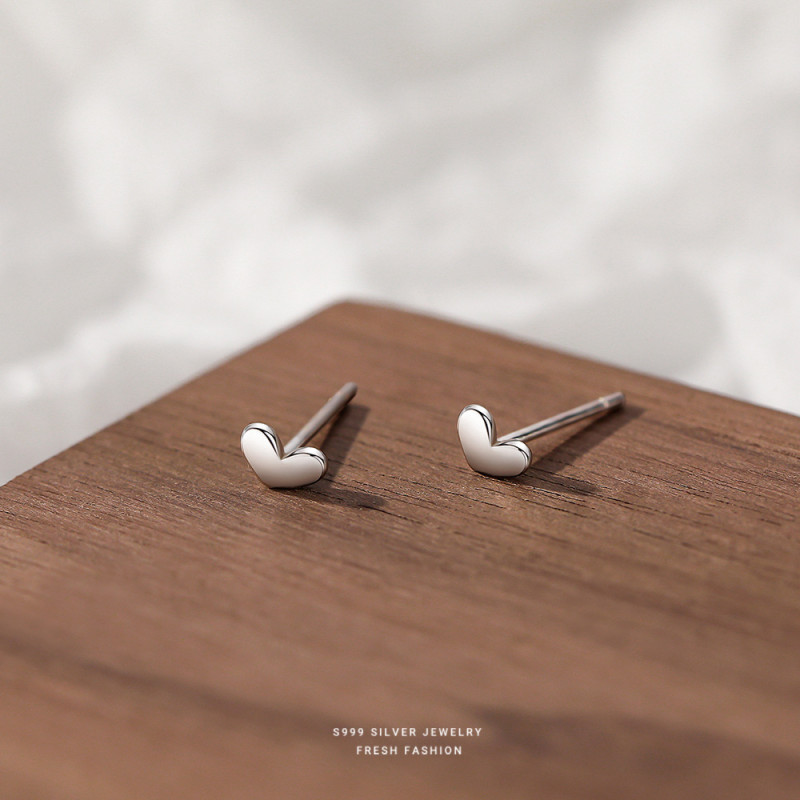 S999 Pure Silver Earrings Mini Cute Small Silver Bean Heart Pure Silver Earrings for Women Fresh Heart-shaped Sweet Earrings Trendy