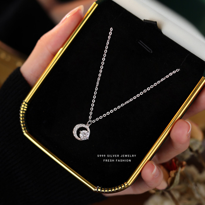 S999 Sterling Silver Crescent Shiny Zircon Necklace for Women Light Luxury High-Grade Special-Interest Design Moissanite Pure Silver Clavicle Chain