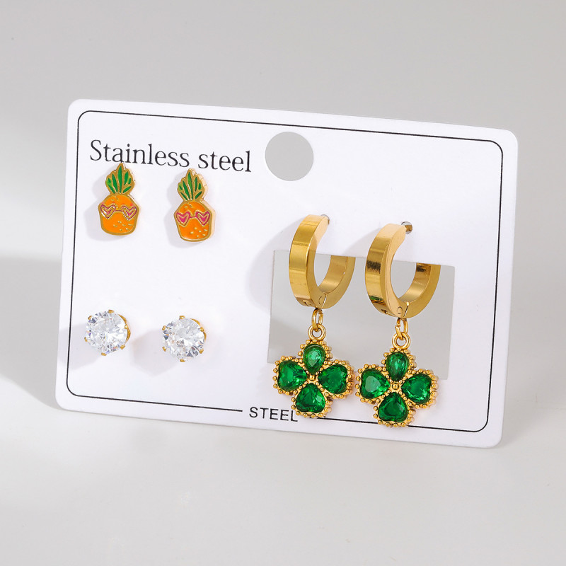 Stainless Steel Earring Set Flower Oil Drop Diamond Earrings Light Luxury High-end Four-leaf Clover Studs Titanium Steel Earrings for Women