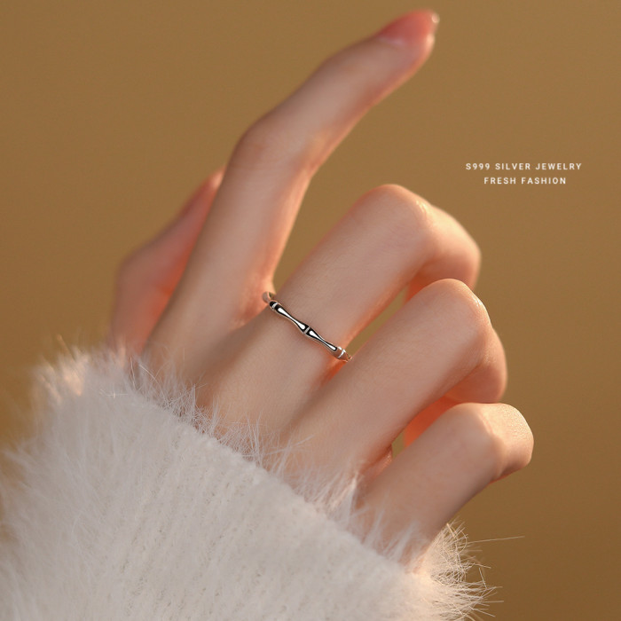 S999 Pure Silver Bamboo Joint Couple Rings Simple Niche Open Rings Creative Childhood Sweetheart Pure Silver Rings Wh...