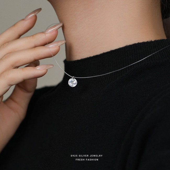 Sterling Silver Invisible Fish Line Moissanite Necklace for Women Collarbone Chain Mermaid Elf's Tears Pendant Single Diamond Forest Style Choker