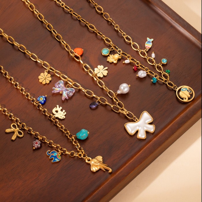 Stainless Steel Necklace Bowknot Elephant Oil Drop Necklace Niche Design Bohemian Gold Plated Titanium Steel Necklace...